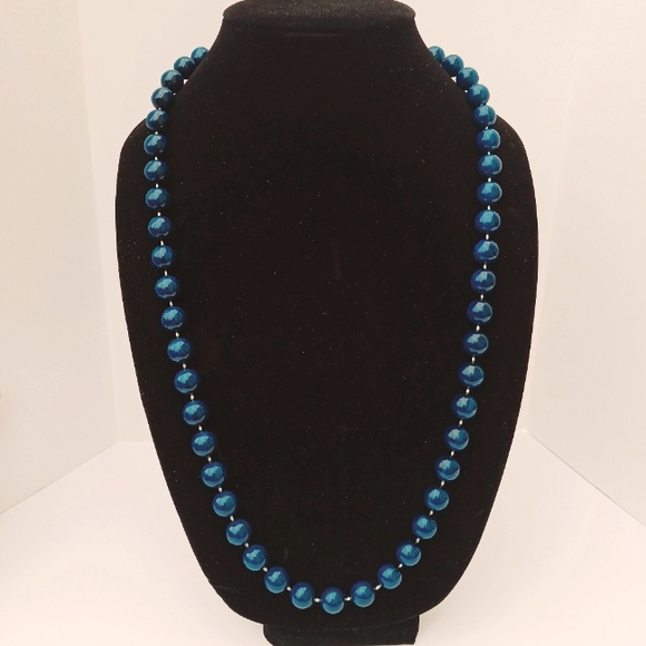 LAGUNA RARE COLOR TEAL SIGNED NECKLACE glass beads 30" blue vintage MCM - Picture 1 of 6